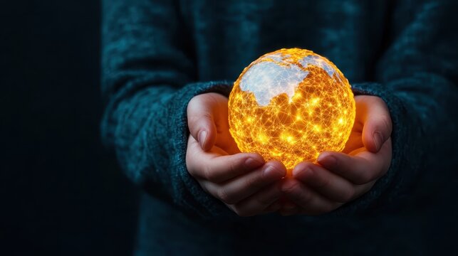 A pair of hands cradles a glowing globe made of interconnected lines, symbolizing unity, connectivity, and the shared responsibility for our planet's future and resources.