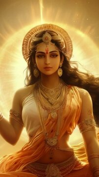 Hindu goddess Parvati depicted in traditional attire with divine expression and symbolic elements