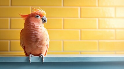 A vibrant orange bird perches on a blue countertop against a cheerful yellow backdrop, blending nature and color to evoke feelings of joy and vitality.