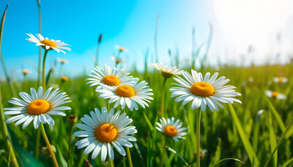 Vibrant wild daisy blooms flourishing in lush emerald meadow grass under a radiant spring sun with a crisp azure sky backdrop, sticker style. isolated with white highlights