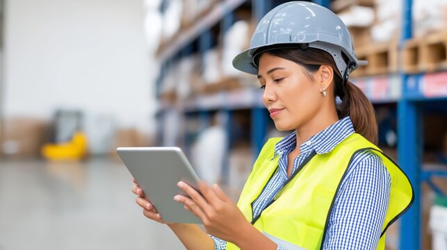 Woman in safety gear uses tablet in a warehouse during work hours