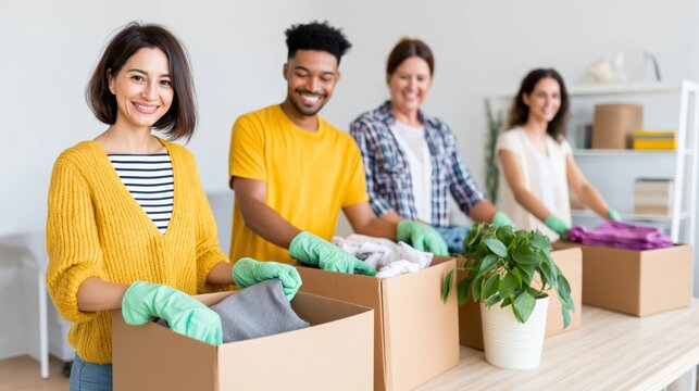 Volunteers sort and pack clothes for donation at a community center during the afternoon - Powered by Adobe