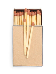Matches with brown heads and box isolated on white, top view