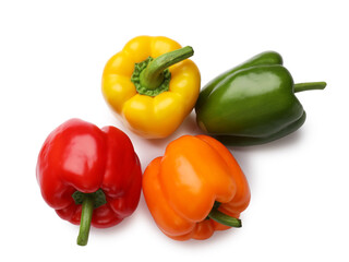 Fresh colorful bell peppers isolated on white, top view