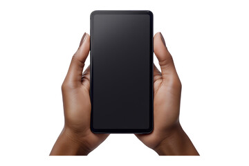 Hands holding mobile phone screen mockup using isolated on transparent background.