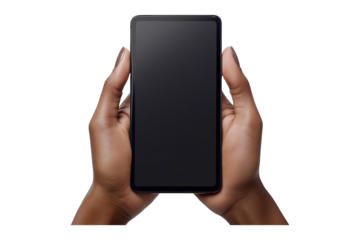 Hands holding mobile phone screen mockup using isolated on transparent background.