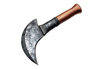 Handheld metal sickle with a wooden handle isolated on transparent background.