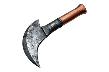 Handheld metal sickle with a wooden handle isolated on transparent background.