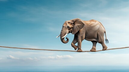 Obraz premium A stunning image of an elephant balancing on a tightrope in a blue sky, symbolizing grace and the extraordinary capabilities of these magnificent creatures.