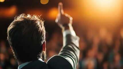 An inspiring shot of a speaker passionately addressing an engaged audience, capturing the energy of the moment and the connection between speaker and listeners, representing motivation and leadership