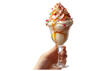hand holding Sundae sundaes milkshake ice cream isolated on transparent background.