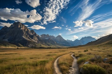 Scenic Mountain Landscape with Winding Path and Dramatic Sky