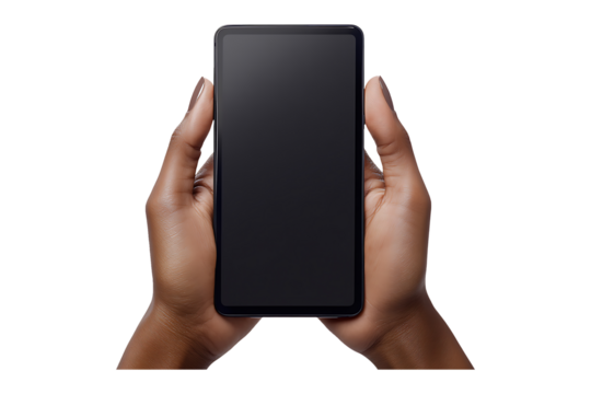 Hands holding mobile phone screen mockup using isolated on transparent background.