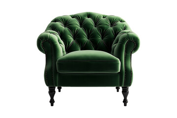 Green velvet armchair featuring a tufted back isolated on transparent background.