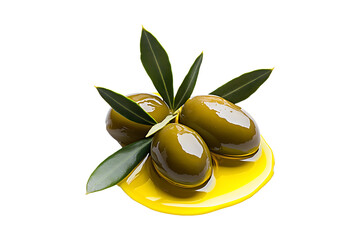 Green olive in olive oil with leave isolated on transparent background.