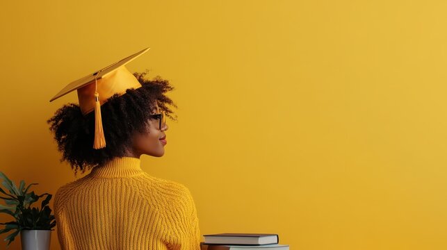 This image captures a joyous female graduate wearing a yellow sweater and cap, symbolizing academic success and personal achievement in a vibrant, optimistic setting. - Powered by Adobe
