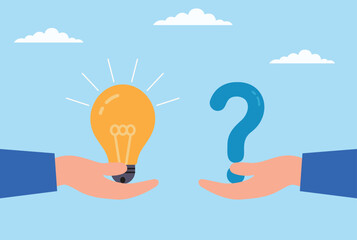 Vector illustration of two hands exchanging ideas and question marks, representing collaboration, curiosity, knowledge sharing, and creative problem solving between individuals
