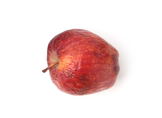 One whole rotten apple isolated on white, top view