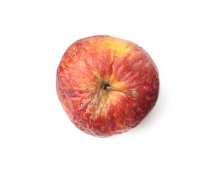 One whole rotten apple isolated on white, top view