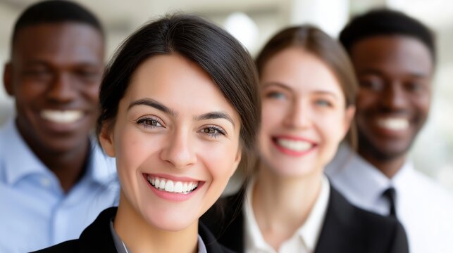 Professionals smile together in a modern office environment during a collaborative event