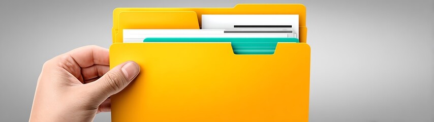 Hand holding a yellow file folder with documents