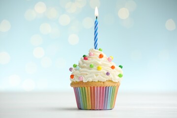 Burning candle in cupcake on table against blue background with blurred lights