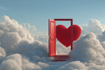 open door to sky with red heart shape