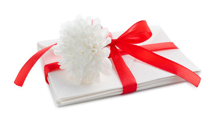 Stack of love letters and flower isolated on white
