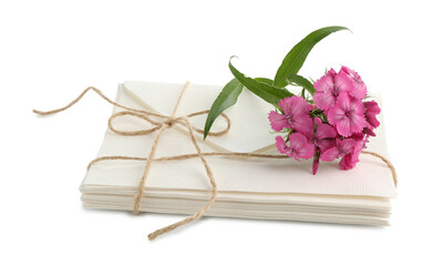 Stack of love letters and flower isolated on white