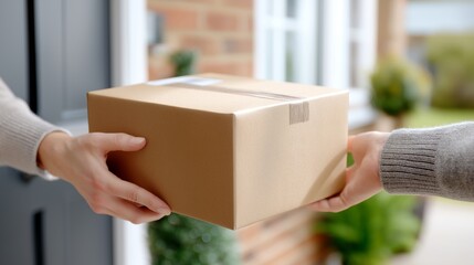Delivery of a cardboard package at a residential front door in the morning