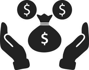 Black Finance Icon Illustration – Two Hands Holding a Money Bag with Dollar Sign and Floating Coins – Solid Silhouette Design Representing Wealth, Investment, and Financial Security