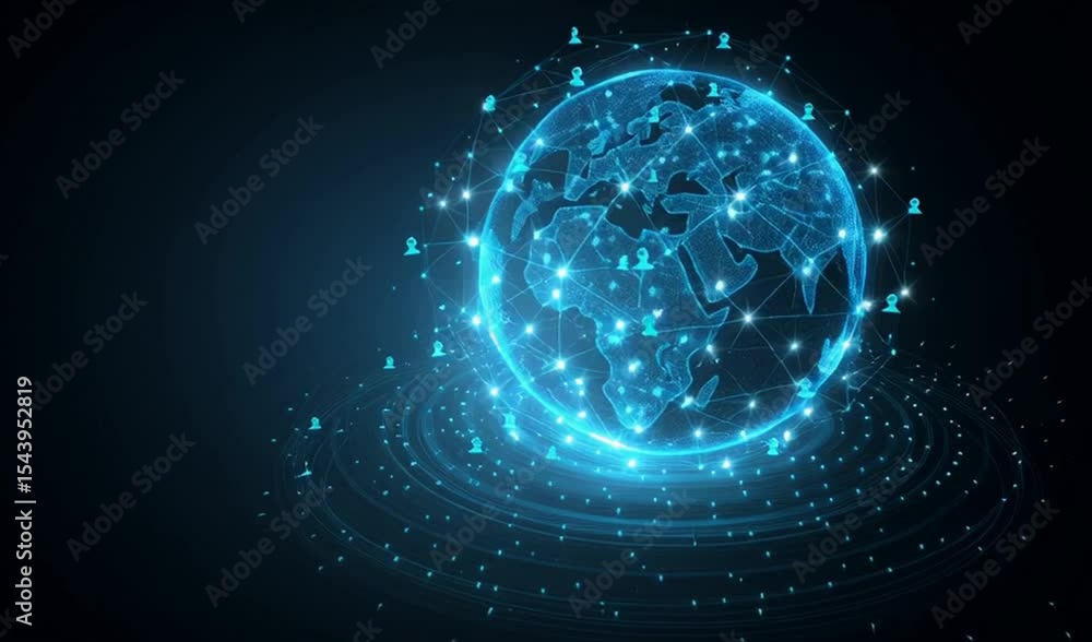 Poster abstract global network concept with a blue glowing planet and human icons on a dark background a so