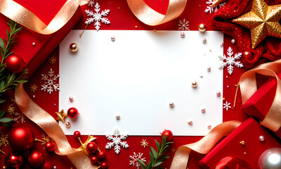 A festive Christmas scene featuring wrapped gifts with golden bows, pine branches, and twinkling lights. A blank card is prominently displayed in the center, perfect for adding a personalized message.
