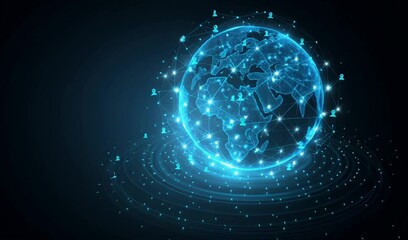 Abstract global network concept with a blue glowing planet and human icons on a dark background a social media banner design or a business technology template Generative AI - Powered by Adobe