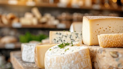 An enticing arrangement of assorted cheeses captures the viewer's attention with its textures and colors, showcasing the artistry and deliciousness of culinary masterpieces.