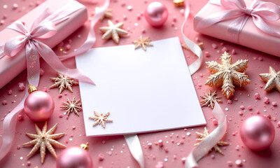 A festive Christmas scene featuring wrapped gifts with golden bows, pine branches, and twinkling lights. A blank card is prominently displayed in the center, perfect for adding a personalized message.