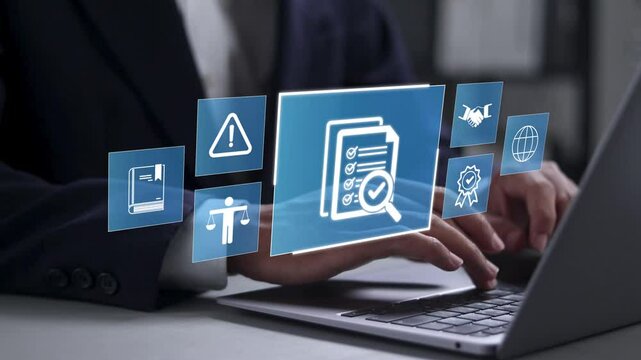 Concept of compliance in business, Businessman use laptop with compliance icon on virtual screen, ensuring the enforcement of laws, regulations, and standards. Stay in line with business policies.