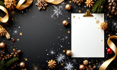 A festive Christmas scene featuring wrapped gifts with golden bows, pine branches, and twinkling lights. A blank card is prominently displayed in the center, perfect for adding a personalized message.
