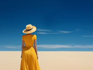Woman in Yellow Dress and Hat on a Sunny Beach