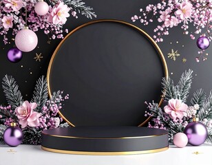 Elegant Christmas podium scene with frosted pine branches, pink and purple ornaments, floral wreath, and golden frame on dark background