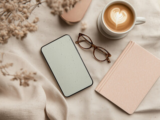 Cozy Desk Setup with Coffee, Phone, and Book
