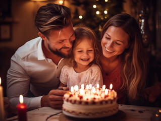 Loving Family Celebrating Daughter’s Birthday at Home with Cake and Candles