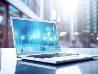 Modern Laptop with Futuristic Digital Interface on Screen in Office Environment