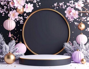 Elegant Christmas podium scene with frosted pine branches, pink and purple ornaments, floral wreath, and golden frame on dark background