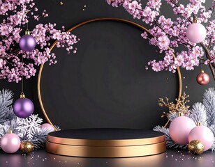 Elegant Christmas podium scene with frosted pine branches, pink and purple ornaments, floral wreath, and golden frame on dark background