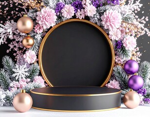 Elegant Christmas podium scene with frosted pine branches, pink and purple ornaments, floral wreath, and golden frame on dark background