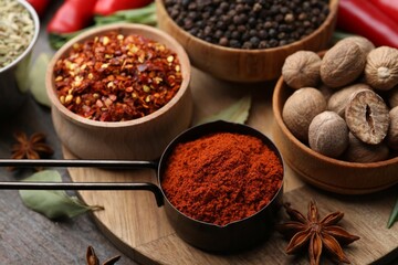 Different aromatic spices on wooden table, closeup