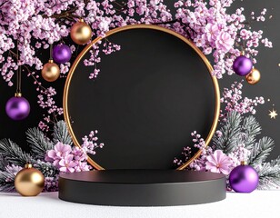 Elegant Christmas podium scene with frosted pine branches, pink and purple ornaments, floral wreath, and golden frame on dark background