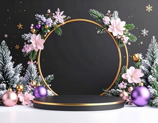 Elegant Christmas podium scene with frosted pine branches, pink and purple ornaments, floral wreath, and golden frame on dark background