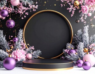Elegant Christmas podium scene with frosted pine branches, pink and purple ornaments, floral wreath, and golden frame on dark background